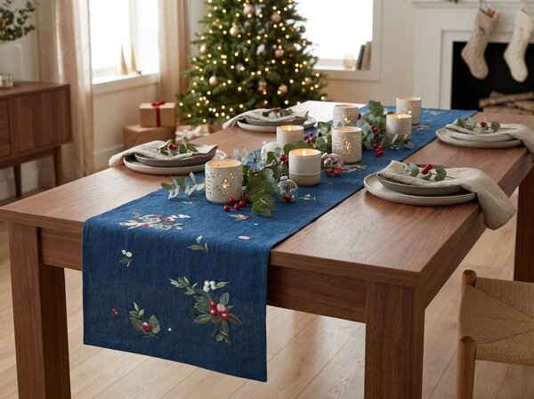 Fata de masa decorativa de Craciun WINTER BERRIES 40x150 cm, albastru inchis