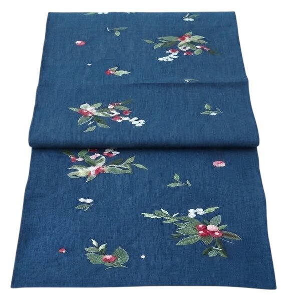 Fata de masa decorativa de Craciun WINTER BERRIES 40x150 cm, albastru inchis
