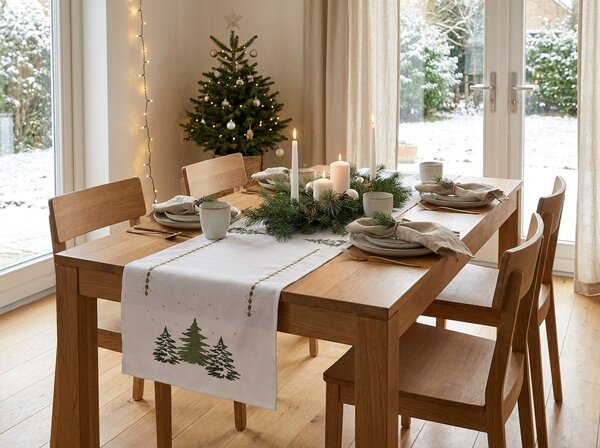 Napron de masa de Craciun EVERGREEN CHARM 40x140 cm, alb