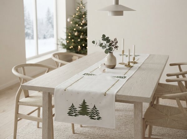 Napron de masa de Craciun EVERGREEN CHARM 40x140 cm, alb