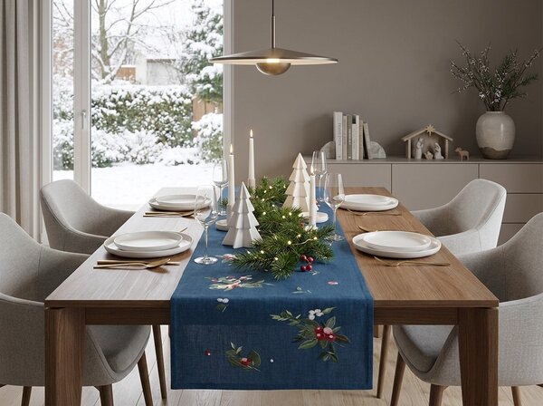 Fata de masa decorativa de Craciun WINTER BERRIES 40x150 cm, albastru inchis