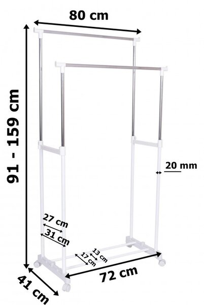 Suport dublu pentru umerase, raft incaltaminte, roti transport, inaltime ajustabila 159x80x41 cm