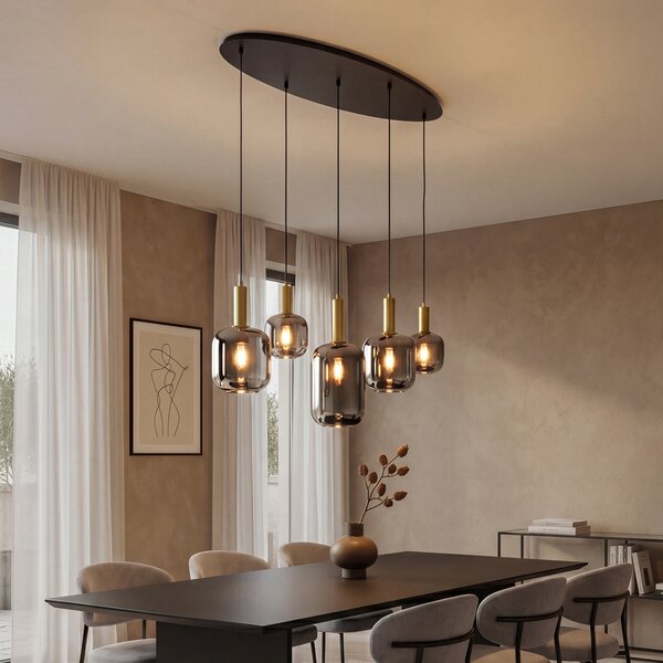 Lampă suspendată neagră cu auriu și sticlă fumurie ovală cu 5 lumini - Zuzanna