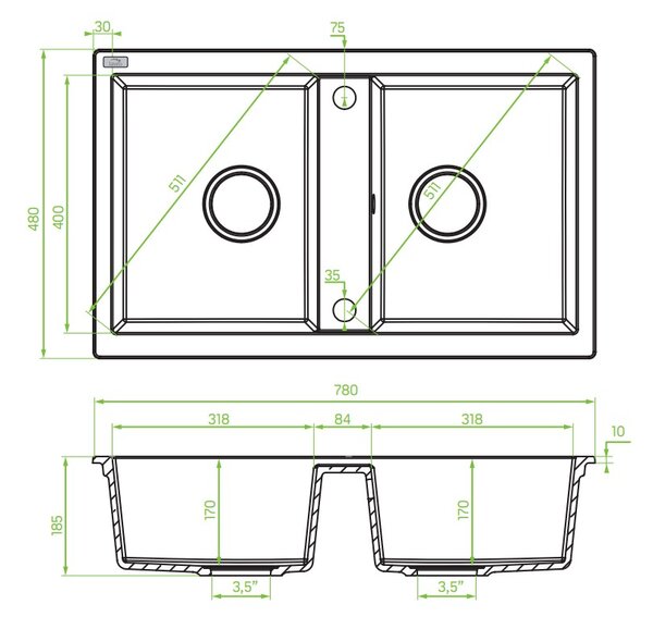 Laveo Barbados, chiuvetă granit cu 2 camere 780x480x185 mm, bej, LAV-SBB_420T