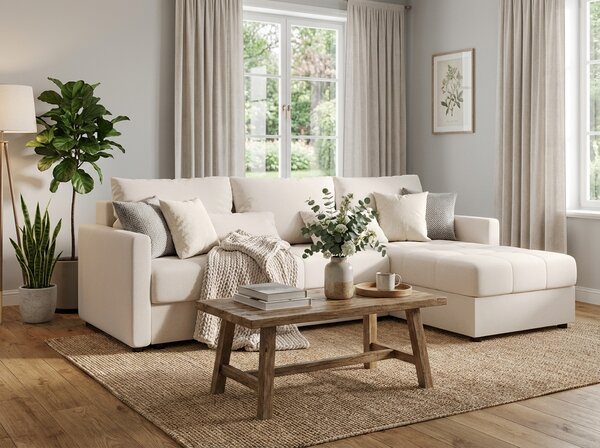 Coltar extensibil de colt VENORIA, crem, reversibil, 220x143 cm + 2 perne GRATUIT