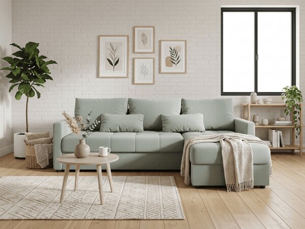 Coltar extensibil de colt VENORIA, verde deschis, reversibil, 220x143 cm + 2 perne GRATUIT