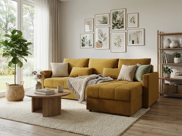 Coltar extensibil de colt VENORIA, mustar, reversibil, 220x143 cm + 2 perne GRATUIT