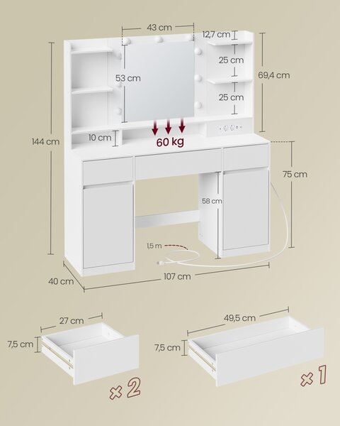 Masa de toaleta si machiaj V2 Vasagle Alb 107x40x144 cm