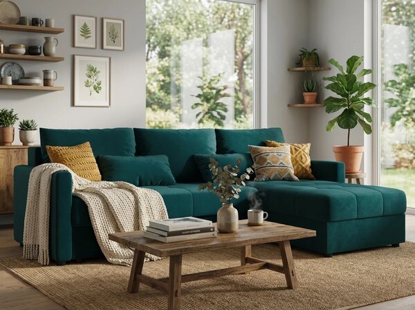 Coltar extensibil de colt VENORIA, petrol, reversibil, 220x143 cm + 2 perne GRATUIT