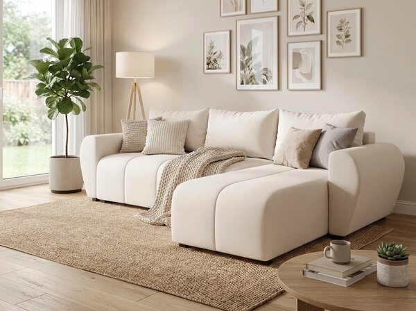 Coltar extensibil de colt SEVIO, crem, reversibil, 246x145 cm + 2 perne GRATUIT