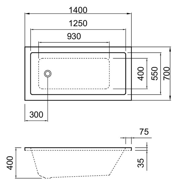 Erga Pureline-S, cadă de baie 1400x700x400 mm fără picioare, alb lucios, ERG-V07-PURELINE-S-140x070-WH