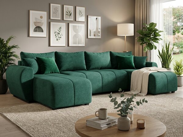 Coltar extensibil in forma de U SEVIO, verde sticla, 311x145 cm + 2 perne GRATUIT