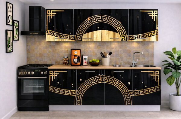 Bucatarie Verona 200 cm Negru Lucios Ornament Gold