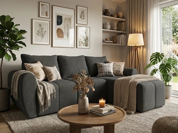 Coltar extensibil de colt SEVIO, gri inchis, reversibil, 246x145 cm + 2 perne GRATUIT