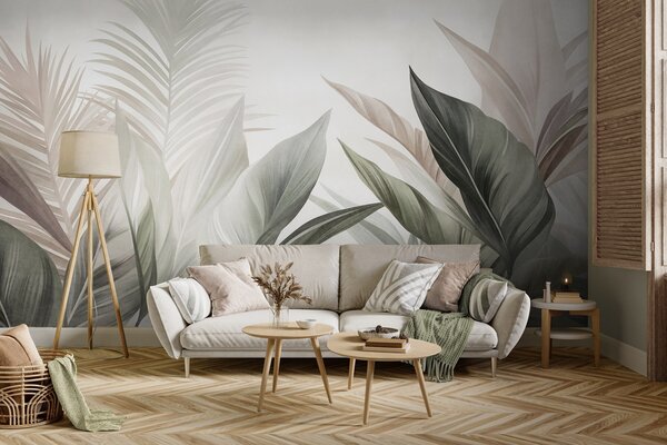 Tapet Frunze tropicale în nuanțe de verde și roz, cu textură și de dimensiuni mari, artă modernă, Imagini de fundal unice, w10055 : Uwalls.ro
