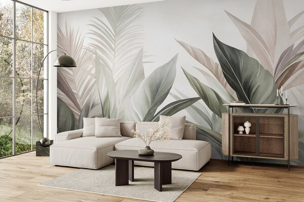 Tapet Frunze tropicale în nuanțe de verde și roz, cu textură și de dimensiuni mari, artă modernă, Imagini de fundal unice, w10055 : Uwalls.ro