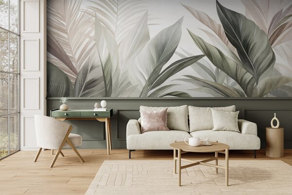 Tapet Frunze tropicale în nuanțe de verde și roz, cu textură și de dimensiuni mari, artă modernă, Imagini de fundal unice, w10055 : Uwalls.ro