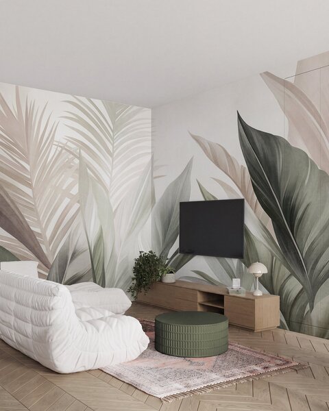 Tapet Frunze tropicale în nuanțe de verde și roz, cu textură și de dimensiuni mari, artă modernă, Imagini de fundal unice, w10055 : Uwalls.ro