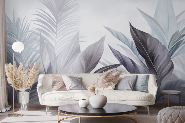Tapet Frunze tropicale în nuanțe de albastru și gri, cu textură și de dimensiuni mari, artă modernă, Imagini de fundal unice, w10055v1 : Uwalls.ro
