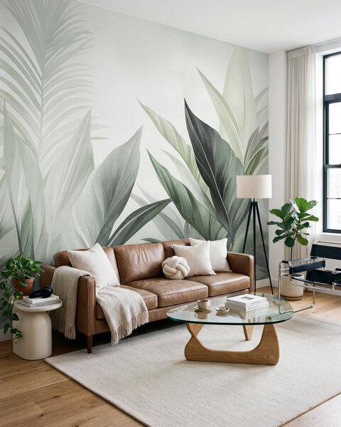 Tapet Frunze tropicale în nuanțe de verde, cu textură și de dimensiuni mari, artă modernă, Imagini de fundal unice, w10055v2 : Uwalls.ro
