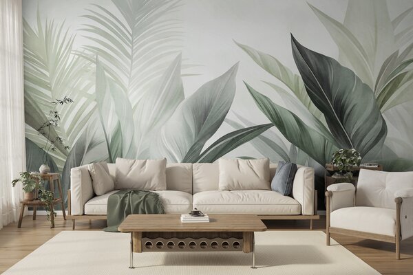 Tapet Frunze tropicale în nuanțe de verde, cu textură și de dimensiuni mari, artă modernă, Imagini de fundal unice, w10055v2 : Uwalls.ro