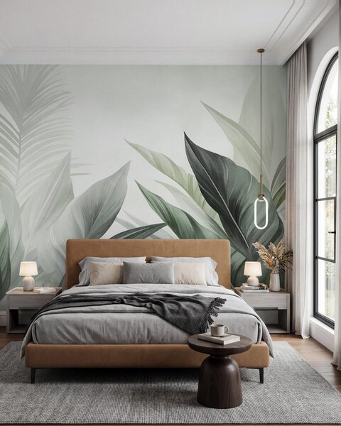Tapet Frunze tropicale în nuanțe de verde, cu textură și de dimensiuni mari, artă modernă, Imagini de fundal unice, w10055v2 : Uwalls.ro
