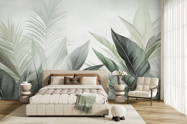 Tapet Frunze tropicale în nuanțe de verde, cu textură și de dimensiuni mari, artă modernă, Imagini de fundal unice, w10055v2 : Uwalls.ro