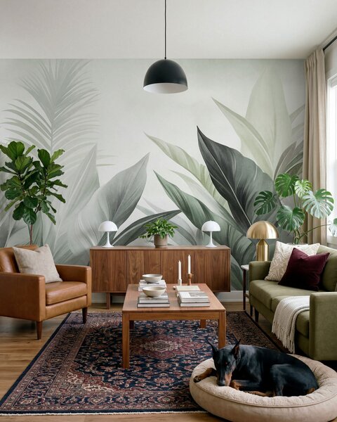 Tapet Frunze tropicale în nuanțe de verde, cu textură și de dimensiuni mari, artă modernă, Imagini de fundal unice, w10055v2 : Uwalls.ro