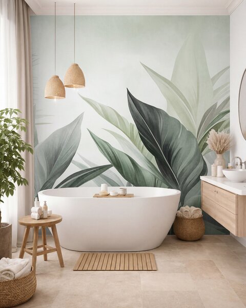 Tapet Frunze tropicale în nuanțe de verde, cu textură și de dimensiuni mari, artă modernă, Imagini de fundal unice, w10055v2 : Uwalls.ro
