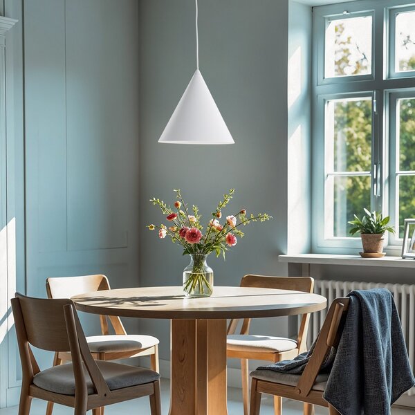 TK Lighting Lampă suspendată Cono, albă, Ø 27 cm, oțel, cu 1 bec, reglabil, Alb, Camera de zi / sufragerie, Metal, Modern