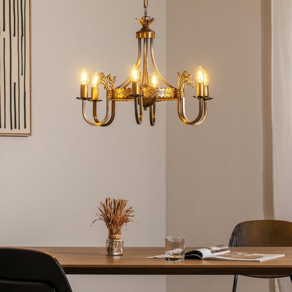 Jupiter Candelabru Castle, patinat deschis, Ø 62 cm, metal, 6 becuri., reglabil, Bronz / Alamă Veche, Camera de zi / sufragerie, Metal, Antichitate