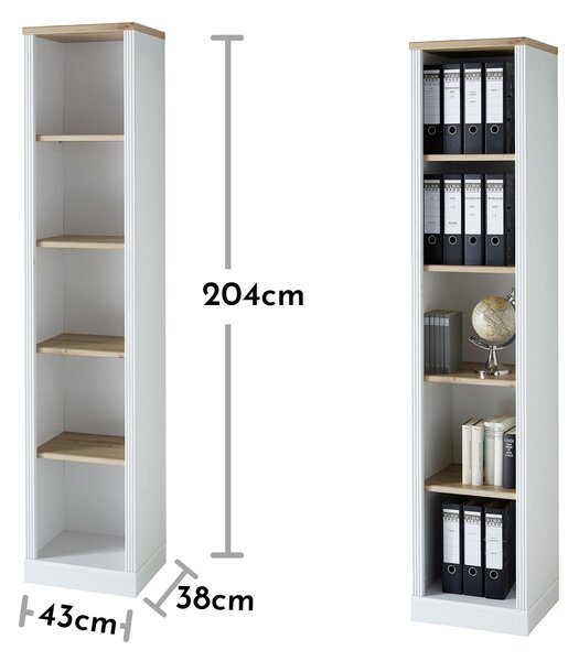Biblioteca JASMIN, alb/stejar artisan, PAL, 43x38x204 cm