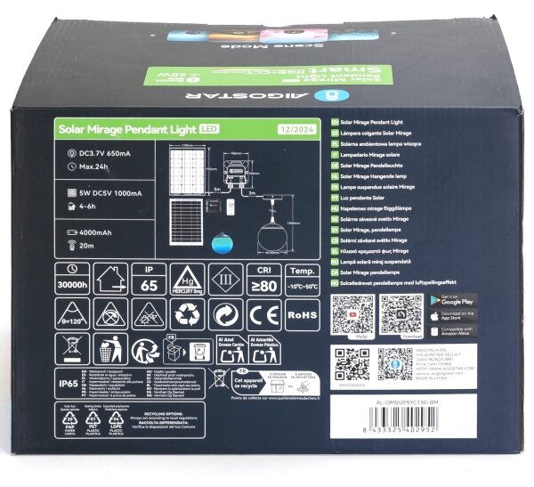 Lustră LED RGBW solară Aigostar MESH 20W/3,7V 4000 mAh 2700K-6500K IP65 d. 15 cm