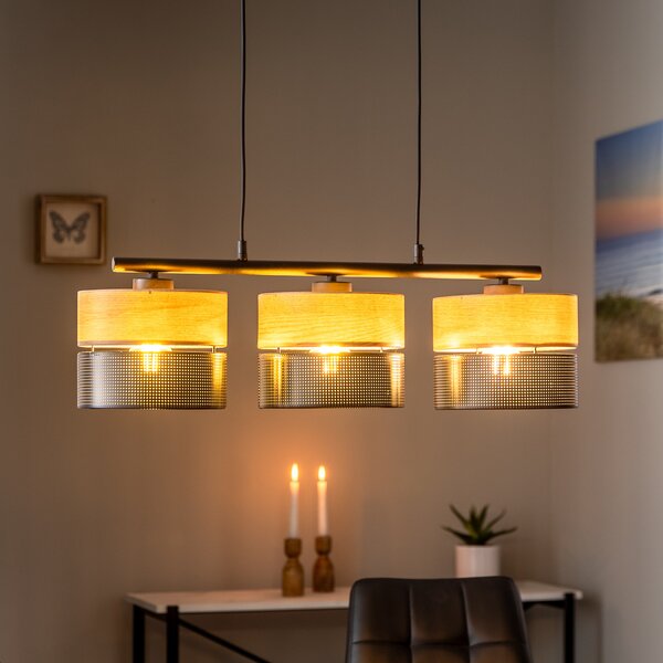 TK Lighting Lampă de suspendare Nicol, negru/efect lemn, 70x20 cm 3 lumini x E27, reglabil, Negru, Camera de zi / sufragerie, Metal, Modern