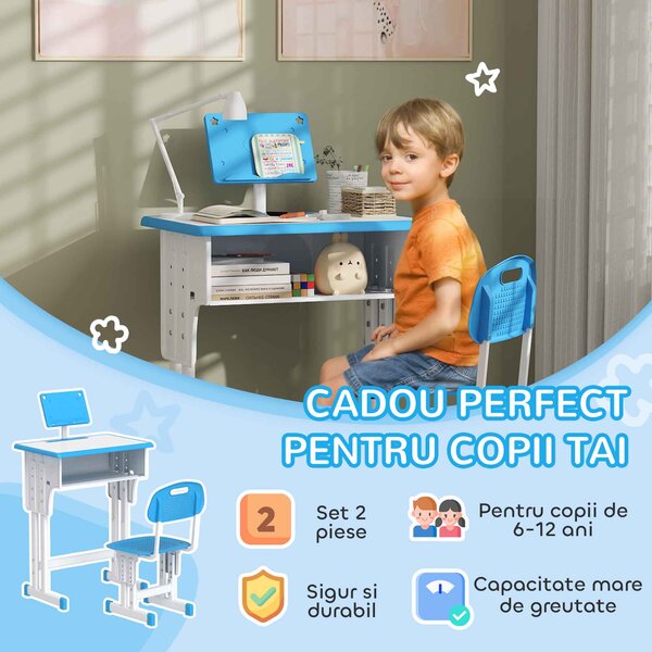 HOMCOM Bancă pentru Copii 6-12 Ani cu Înălțime Reglabilă, cu Suport pentru Cărți și Raft, 60x45x90-102 cm, Albastru | Aosom Romania