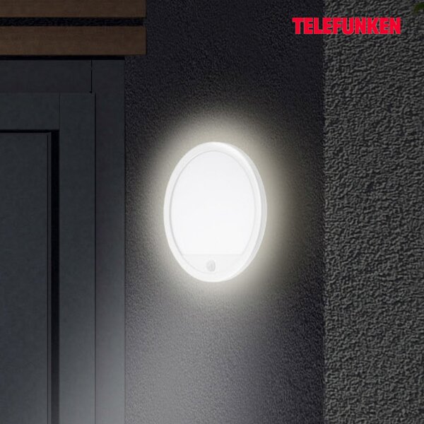 Telefunken Lampă de perete cu senzor pentru exterior Nizza Ø 28cm alb 4,000K, Alb, Plastic, Modern
