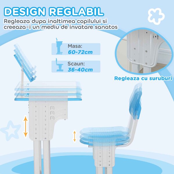 HOMCOM Bancă pentru Copii 6-12 Ani cu Înălțime Reglabilă, cu Suport pentru Cărți și Raft, 60x45x90-102 cm, Albastru | Aosom Romania