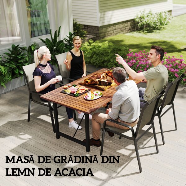 Outsunny Masă de Grădină din Lemn de Salcâm și Oțel cu Blat din Șipci, 160x90x75 cm, Lemn Natural | Aosom Romania