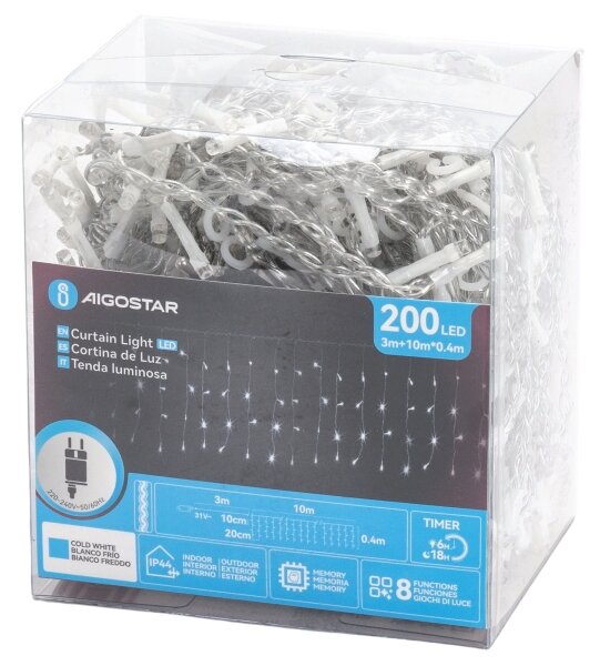Aigostar - Ghirlandă LED de exterior pentru Crăciun, 200 LED/3,6W/230V/8 funcții, 10x0,4m, IP44, alb rece