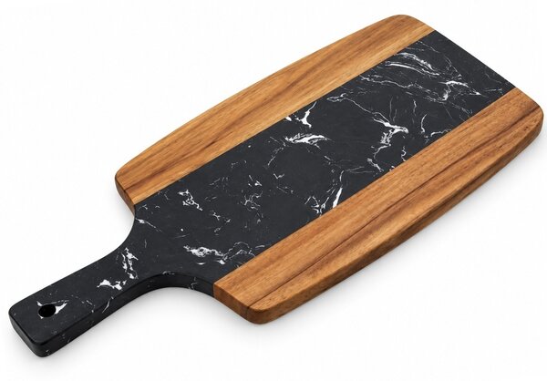 Platou de servire tip tocator din lemn si piatra– tava pentru aperitive, branzeturi, mezeluri si gustari, 38 cm, negru/maro