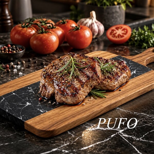 Platou de servire tip tocator din lemn si piatra– tava pentru aperitive, branzeturi, mezeluri si gustari, 38 cm, negru/maro