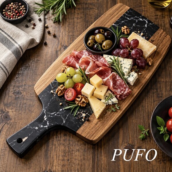 Platou de servire tip tocator din lemn si piatra– tava pentru aperitive, branzeturi, mezeluri si gustari, 38 cm, negru/maro