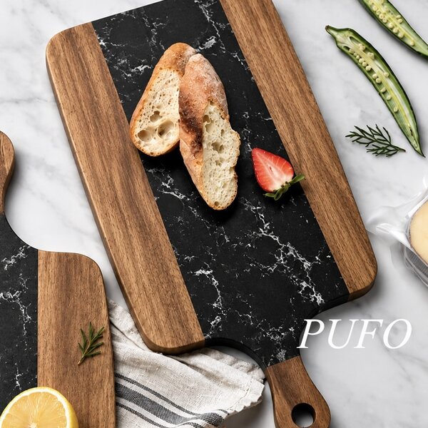 Platou de servire tip tocator din lemn si piatra– tava pentru aperitive, branzeturi, mezeluri si gustari, 38 cm, negru/maro