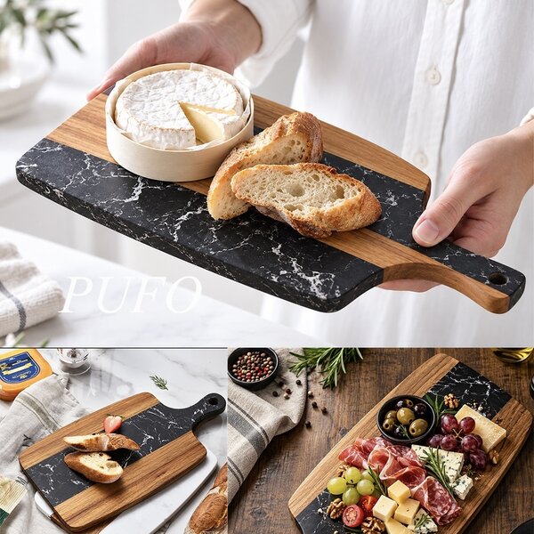 Platou de servire tip tocator din lemn si piatra– tava pentru aperitive, branzeturi, mezeluri si gustari, 38 cm, negru/maro