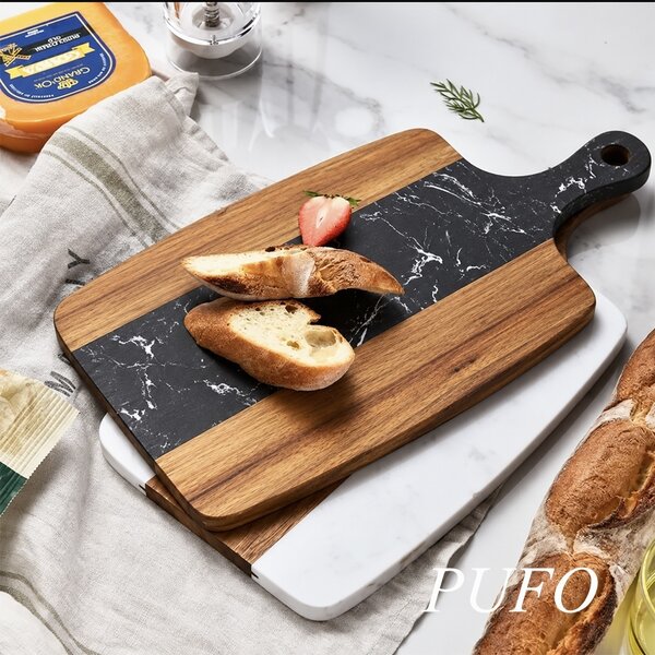 Platou de servire tip tocator din lemn si piatra– tava pentru aperitive, branzeturi, mezeluri si gustari, 38 cm, negru/maro