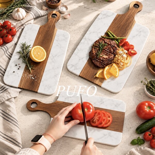 Platou de servire tip tocator din lemn si piatra– tava pentru aperitive, branzeturi, mezeluri si gustari, 38 cm, alb/maro