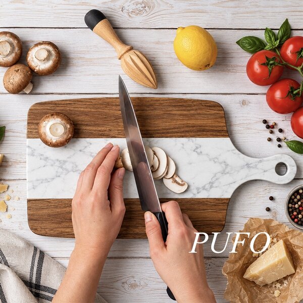 Platou de servire tip tocator din lemn si piatra– tava pentru aperitive, branzeturi, mezeluri si gustari, 38 cm, alb/maro