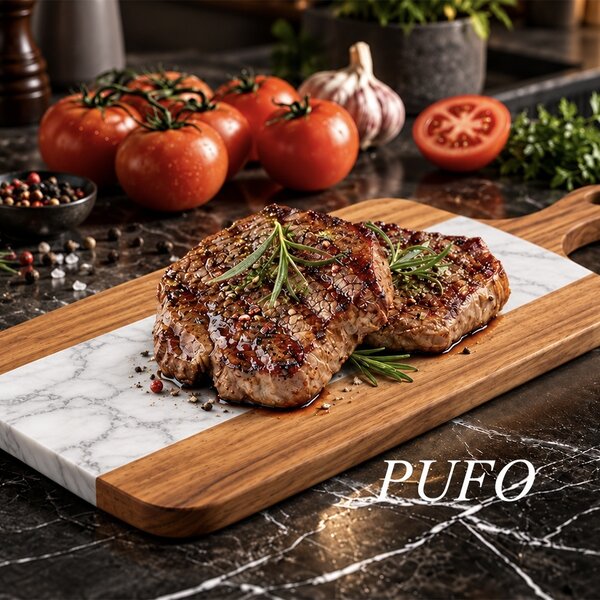 Platou de servire tip tocator din lemn si piatra– tava pentru aperitive, branzeturi, mezeluri si gustari, 38 cm, alb/maro