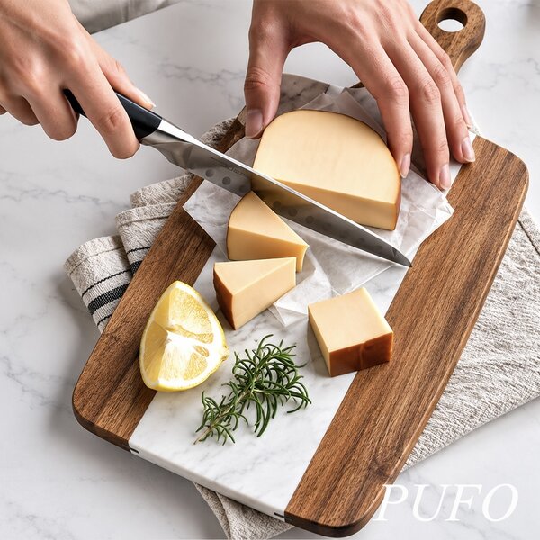 Platou de servire tip tocator din lemn si piatra– tava pentru aperitive, branzeturi, mezeluri si gustari, 38 cm, alb/maro