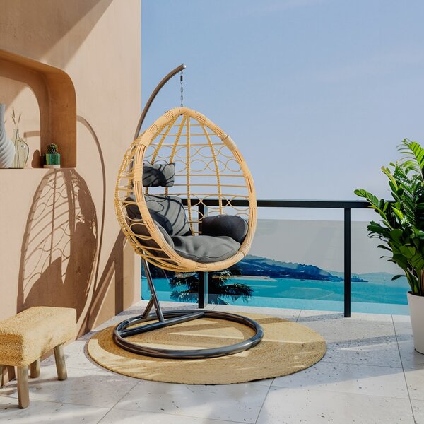 Balansoar de gradina, Model Hudson, culoare negru, metal si poliratan, 109x119x195 cm